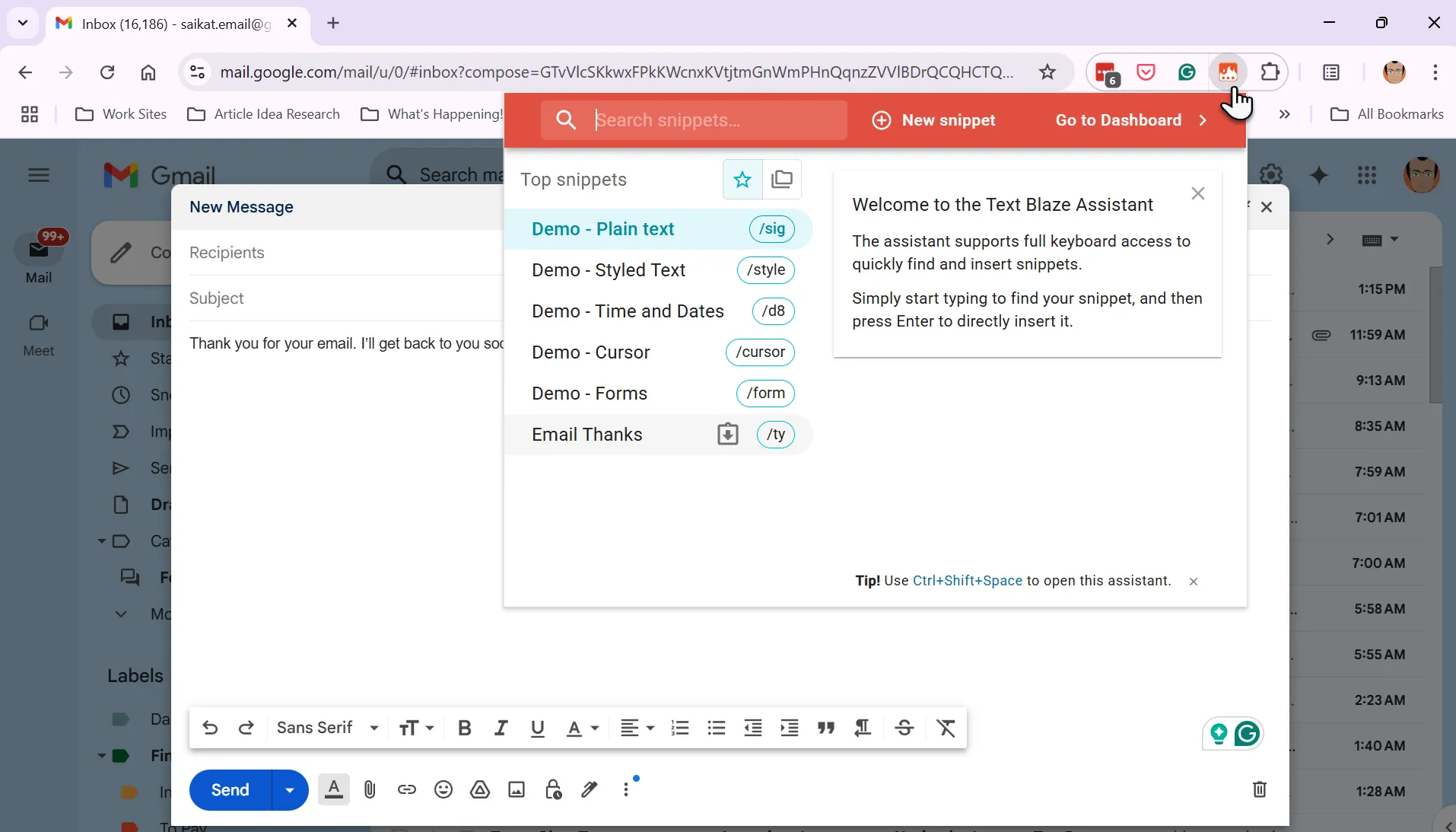 Ví dụ sử dụng Text Blaze để tự động mở rộng văn bản trong email, hiển thị phím tắt và nội dung văn bản