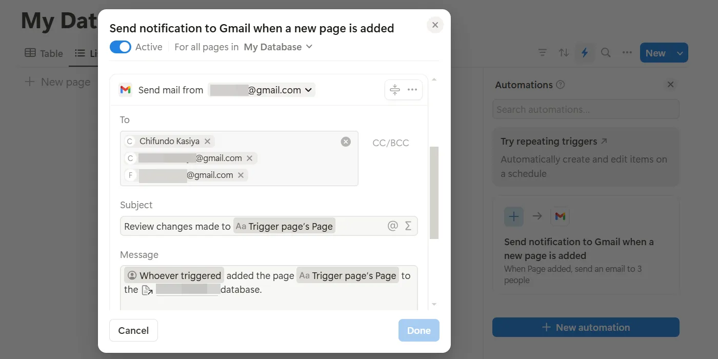 Ví dụ về quy trình tự động hóa gửi email Gmail được tạo trong Notion.