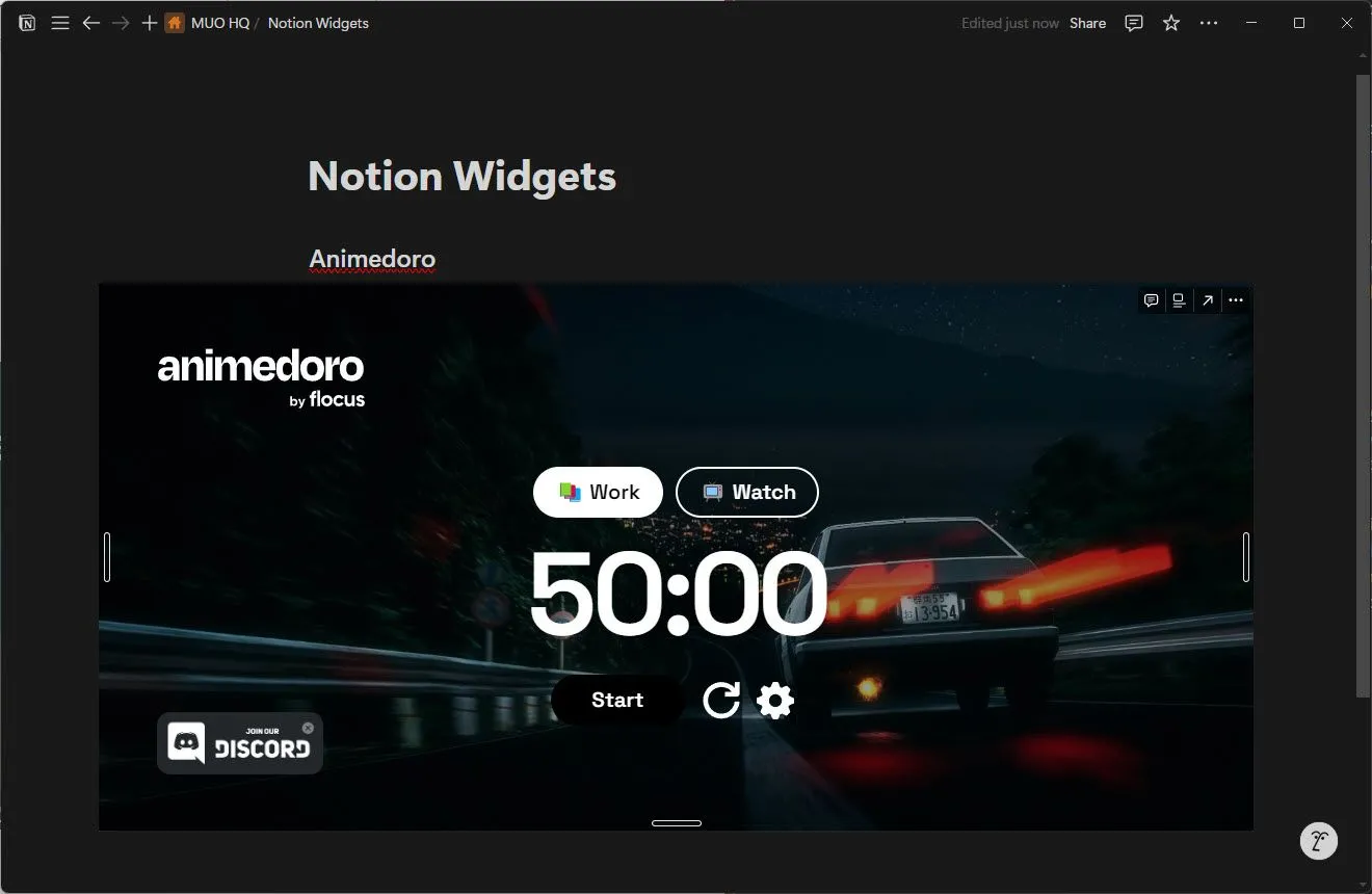 Widget Animedoro với giao diện hoạt hình đang chạy trong Notion