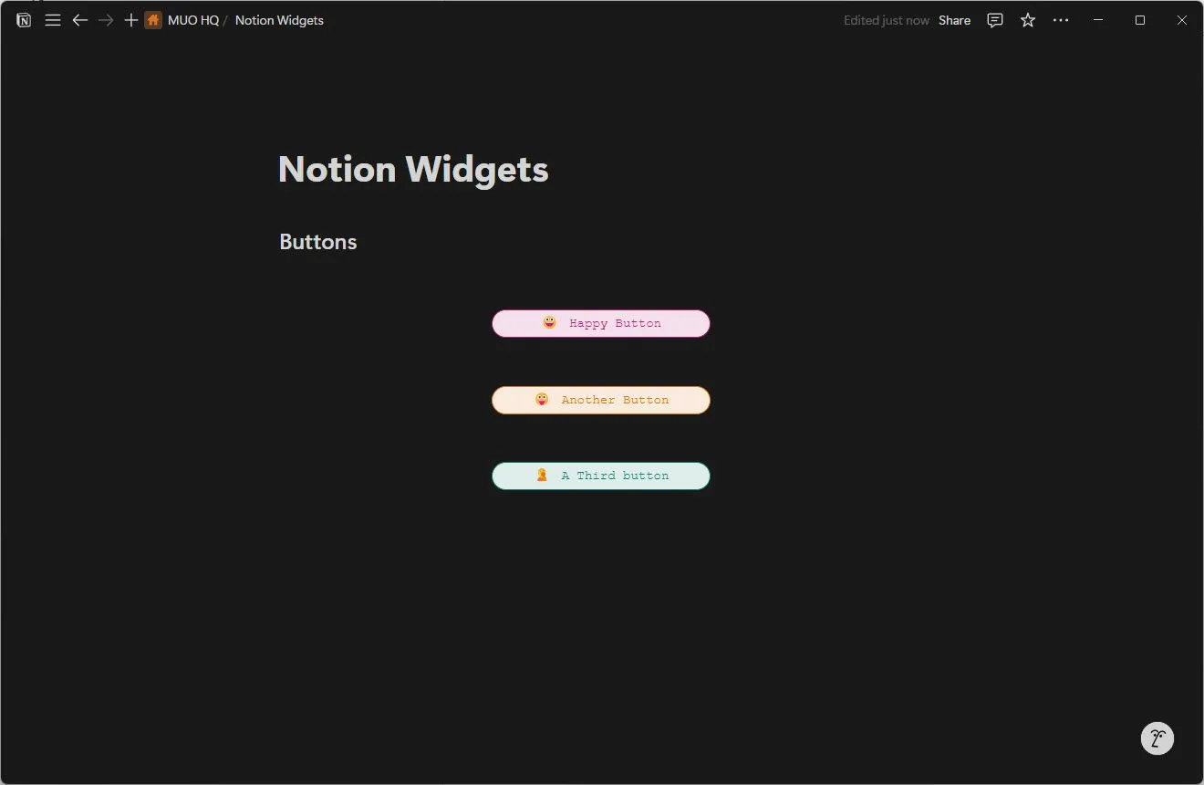 Widget Buttons của Indify hiển thị các nút tùy chỉnh trong Notion