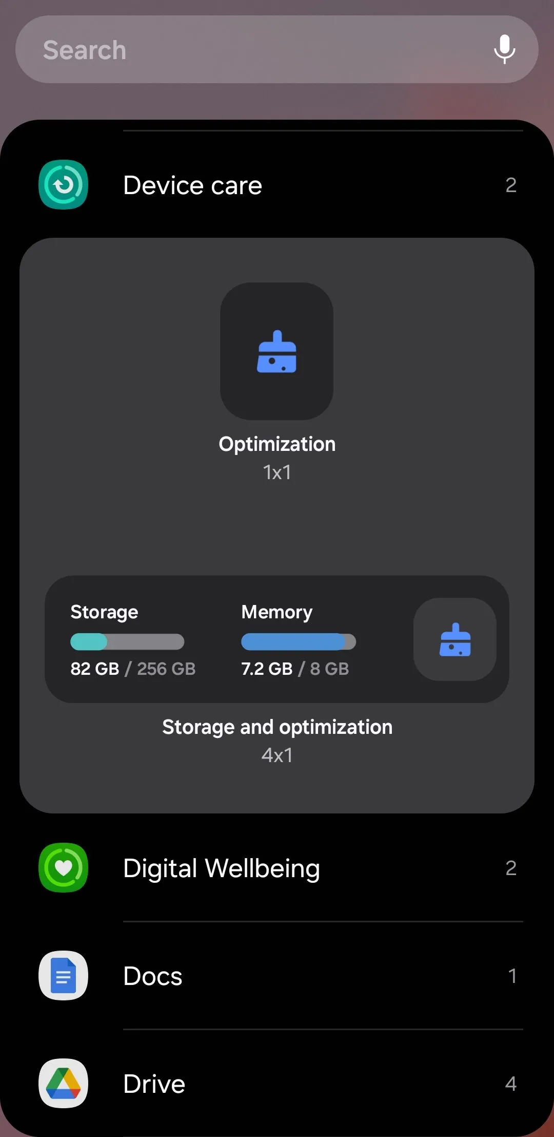 Widget Chăm sóc thiết bị (Device Care) trên điện thoại Android hiển thị mức sử dụng bộ nhớ và cung cấp nút tối ưu hóa nhanh, giúp duy trì hiệu suất mượt mà cho thiết bị.