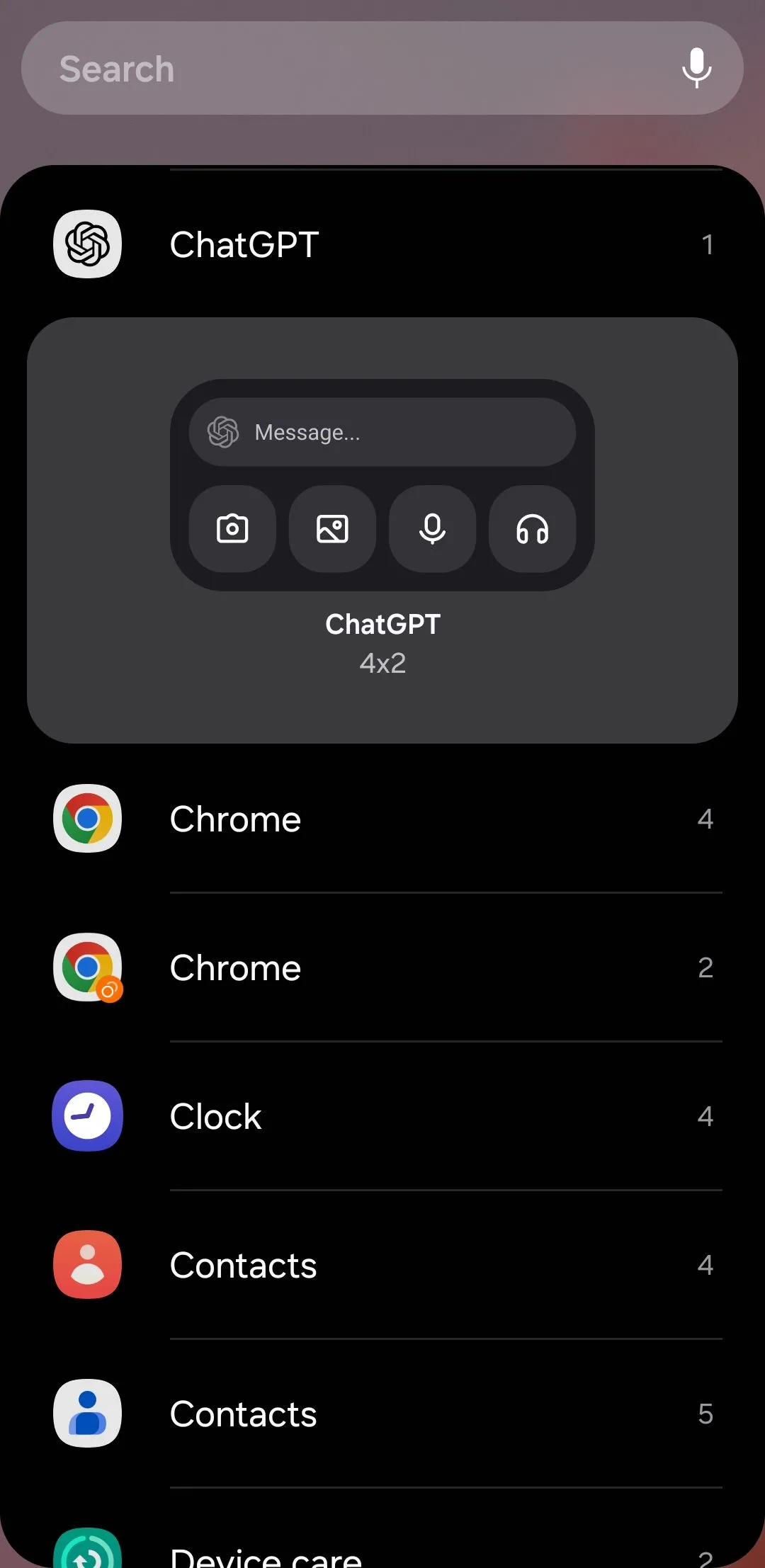 Widget ChatGPT trên điện thoại Android với các tùy chọn nhập liệu bằng văn bản, giọng nói và hình ảnh, giúp người dùng tương tác nhanh chóng với trợ lý AI.
