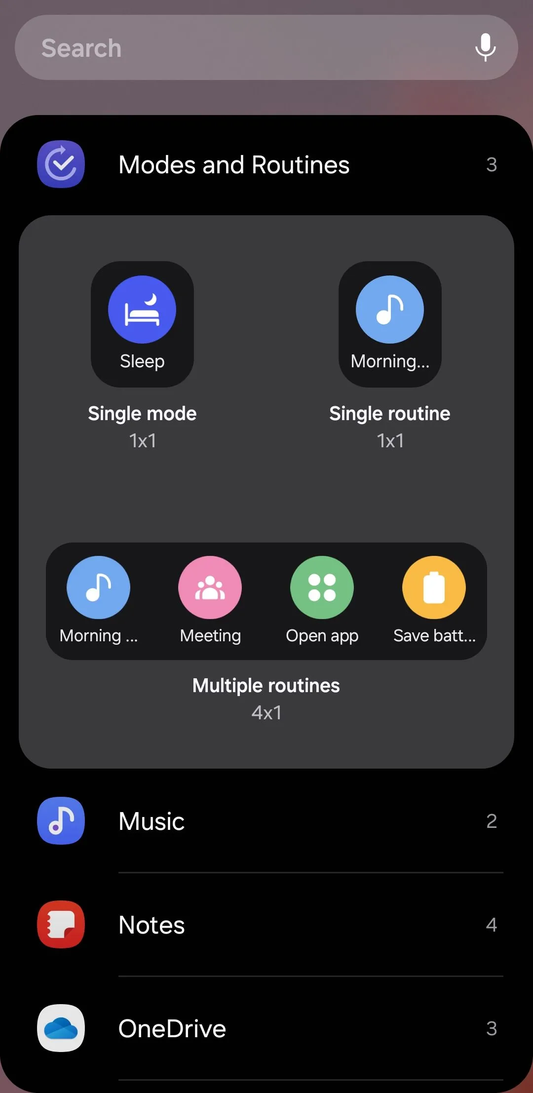 Widget Chế độ và Quy trình (Modes and Routines) của Samsung One UI trên Android, cho phép người dùng kích hoạt nhanh các thiết lập tùy chỉnh tự động hóa cho các hoạt động khác nhau.