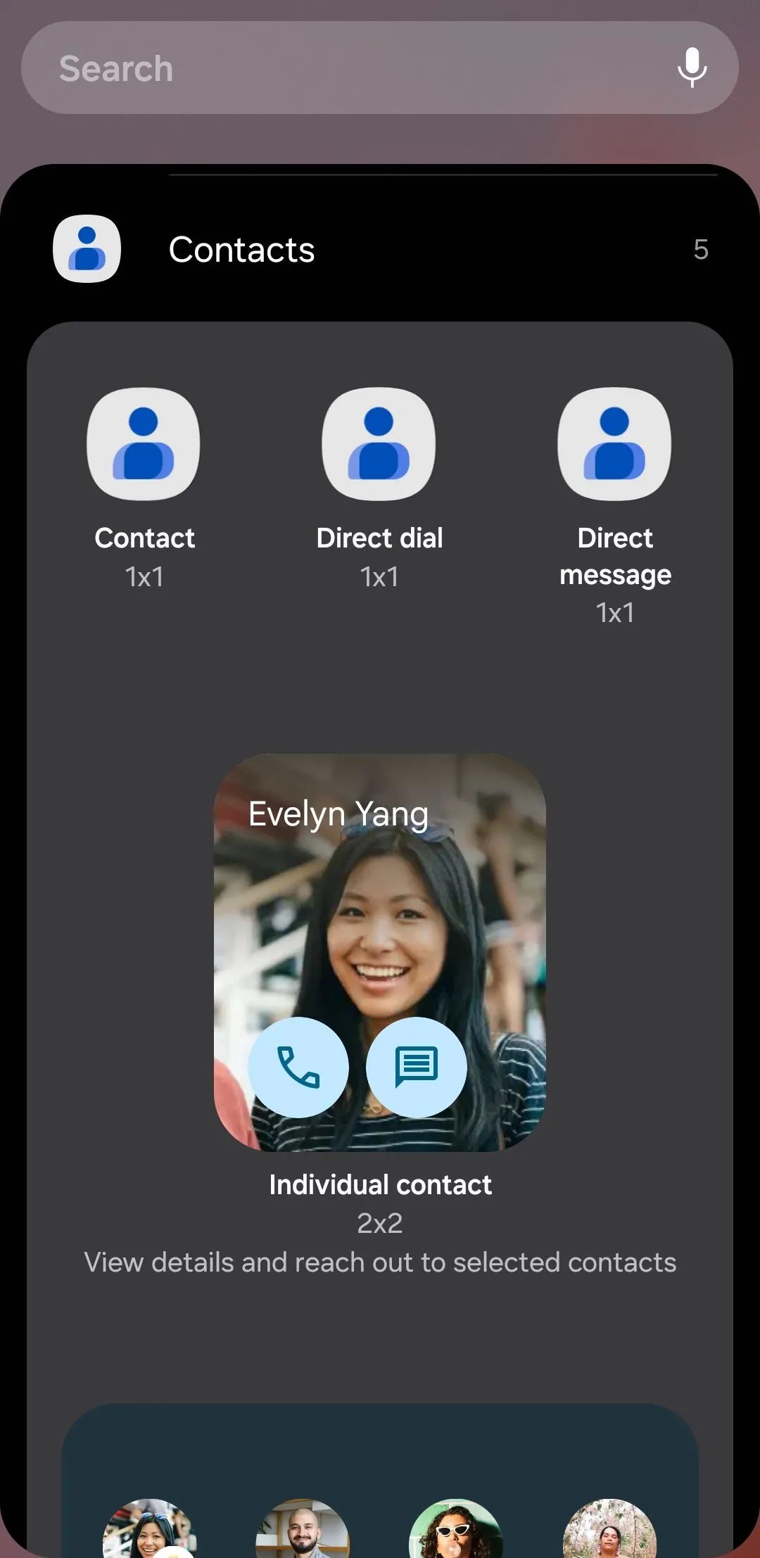 Widget gọi nhanh và danh bạ yêu thích từ ứng dụng Google Contacts trên điện thoại Android, cho phép truy cập nhanh đến các liên hệ quan trọng chỉ với một chạm.