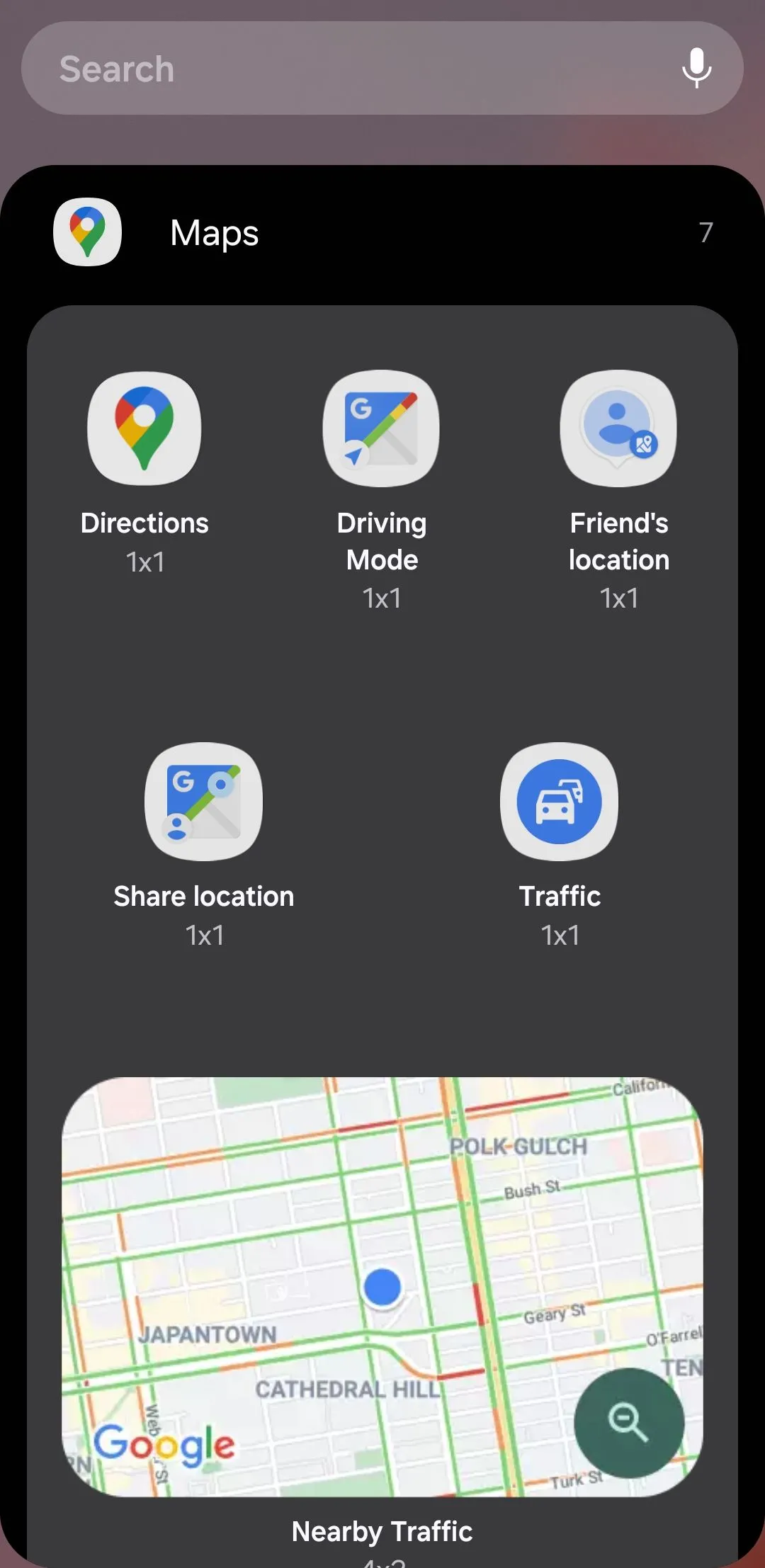 Widget Google Maps Nearby Traffic trên điện thoại Android hiển thị thông tin giao thông theo thời gian thực tại khu vực lân cận, hỗ trợ người dùng quyết định lộ trình di chuyển.