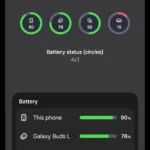 Widget hiển thị tình trạng pin của điện thoại Samsung Galaxy, cùng với mức pin của các thiết bị kết nối như Galaxy Buds và Galaxy Watch, giúp theo dõi pin tiện lợi.