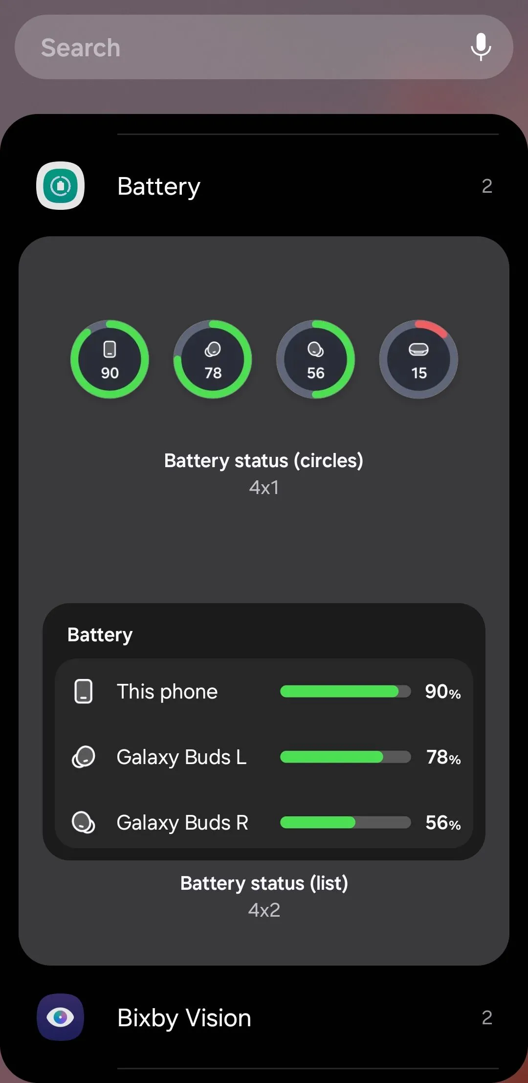 Widget hiển thị tình trạng pin của điện thoại Samsung Galaxy, cùng với mức pin của các thiết bị kết nối như Galaxy Buds và Galaxy Watch, giúp theo dõi pin tiện lợi.