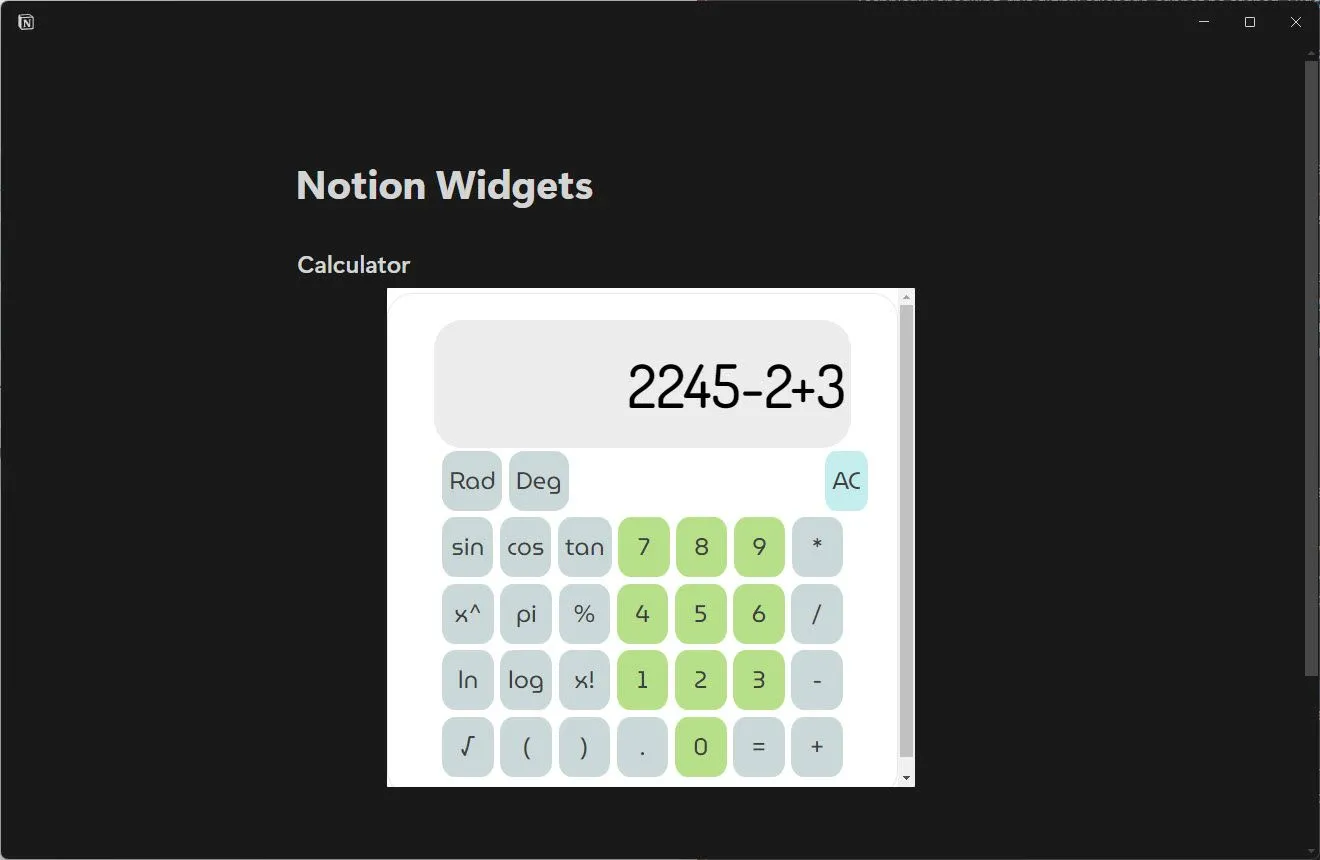 Widget máy tính cơ bản tích hợp sẵn trong giao diện Notion