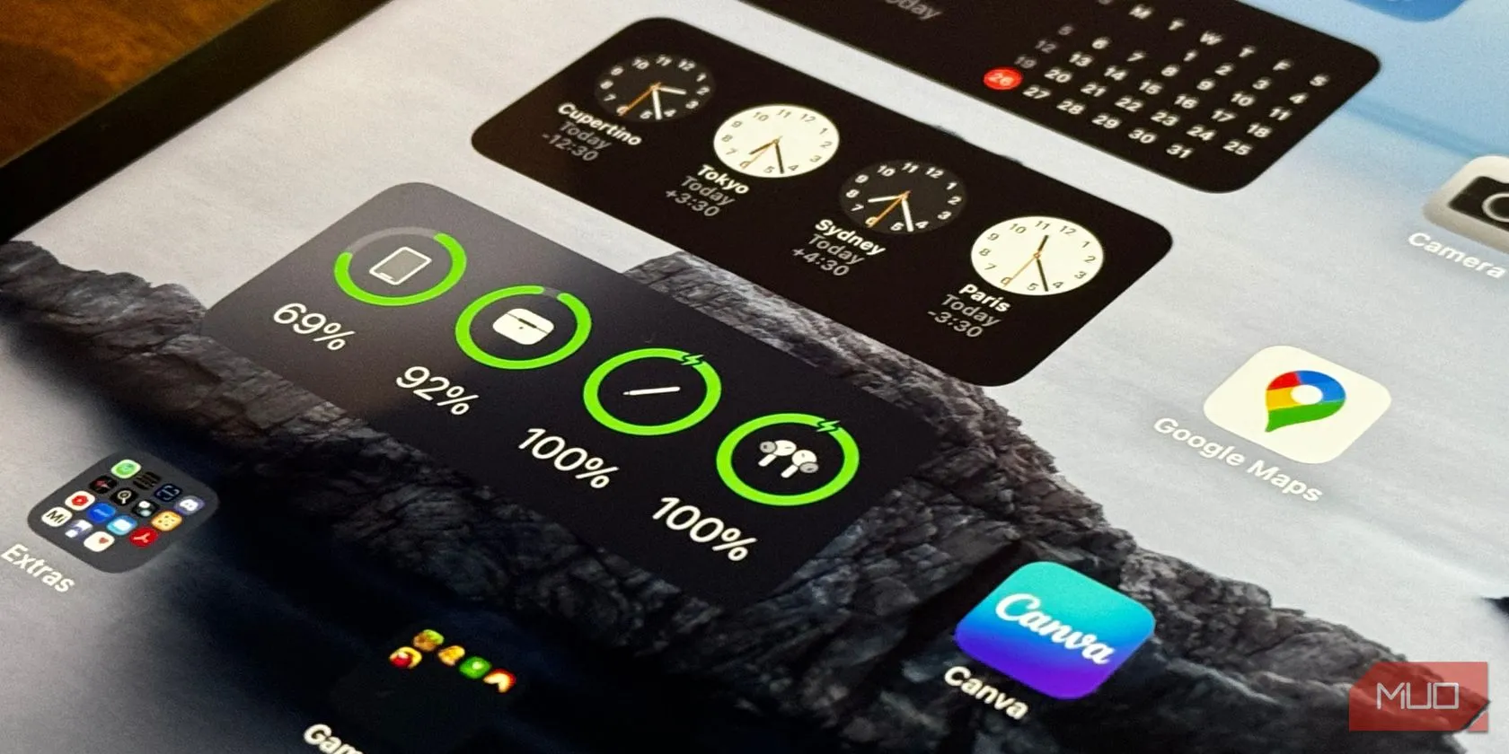 Widget pin iPad hiển thị phần trăm pin còn lại, giúp người dùng theo dõi tình trạng năng lượng của thiết bị.
