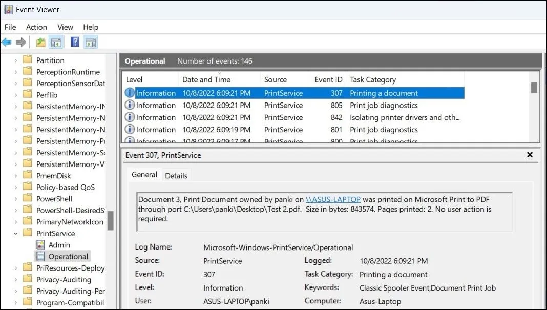 Xem chi tiết lịch sử tài liệu đã in trong nhật ký Operational của Event Viewer