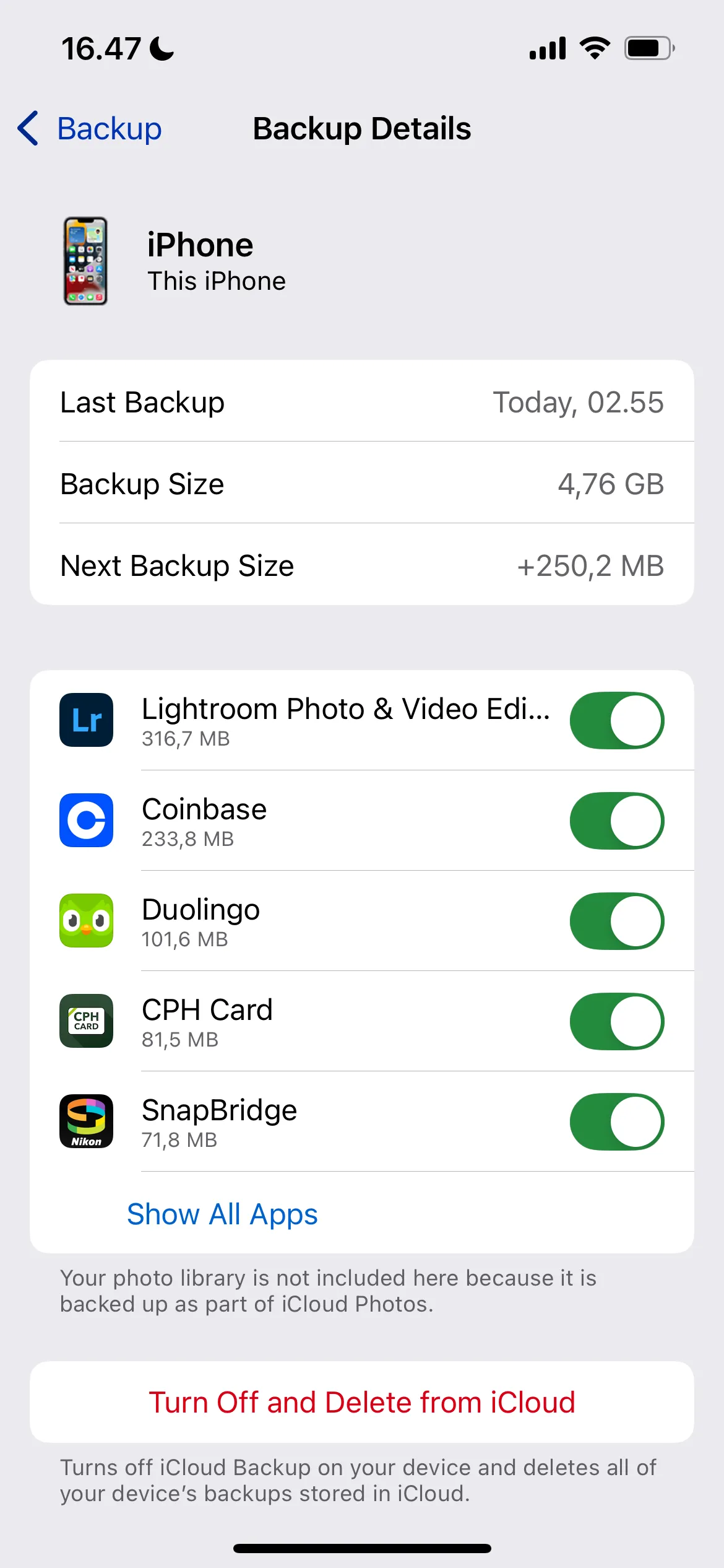 Xem chi tiết sao lưu thiết bị và ứng dụng trong iCloud